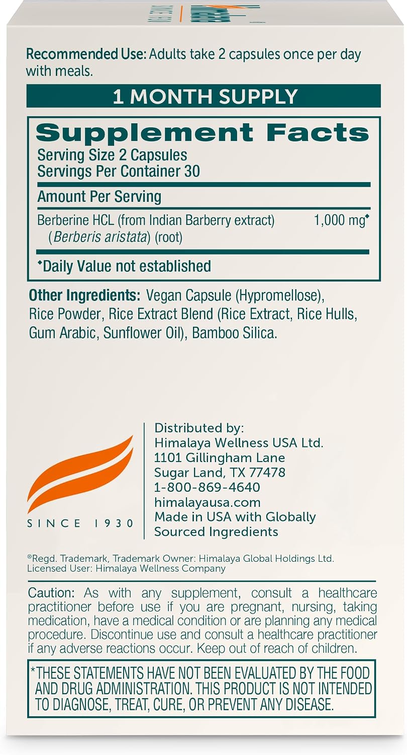 Himalaya Berberine 1000 mg - 60 Cápsulas Vegetales - Complemento Alimenticio Vegano sin Gluten