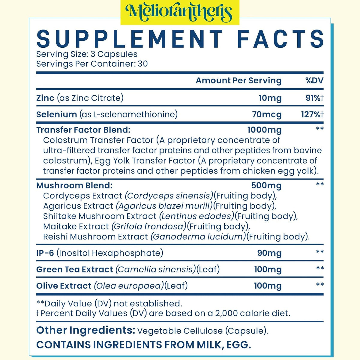 Meliorantheris Transfer Factor 1800mg | Colostrum & Egg Yolk Extracts con Zinc y Selenio | Apoyo Inmunitario y Cognitivo | 90 Cápsulas - görsel 5