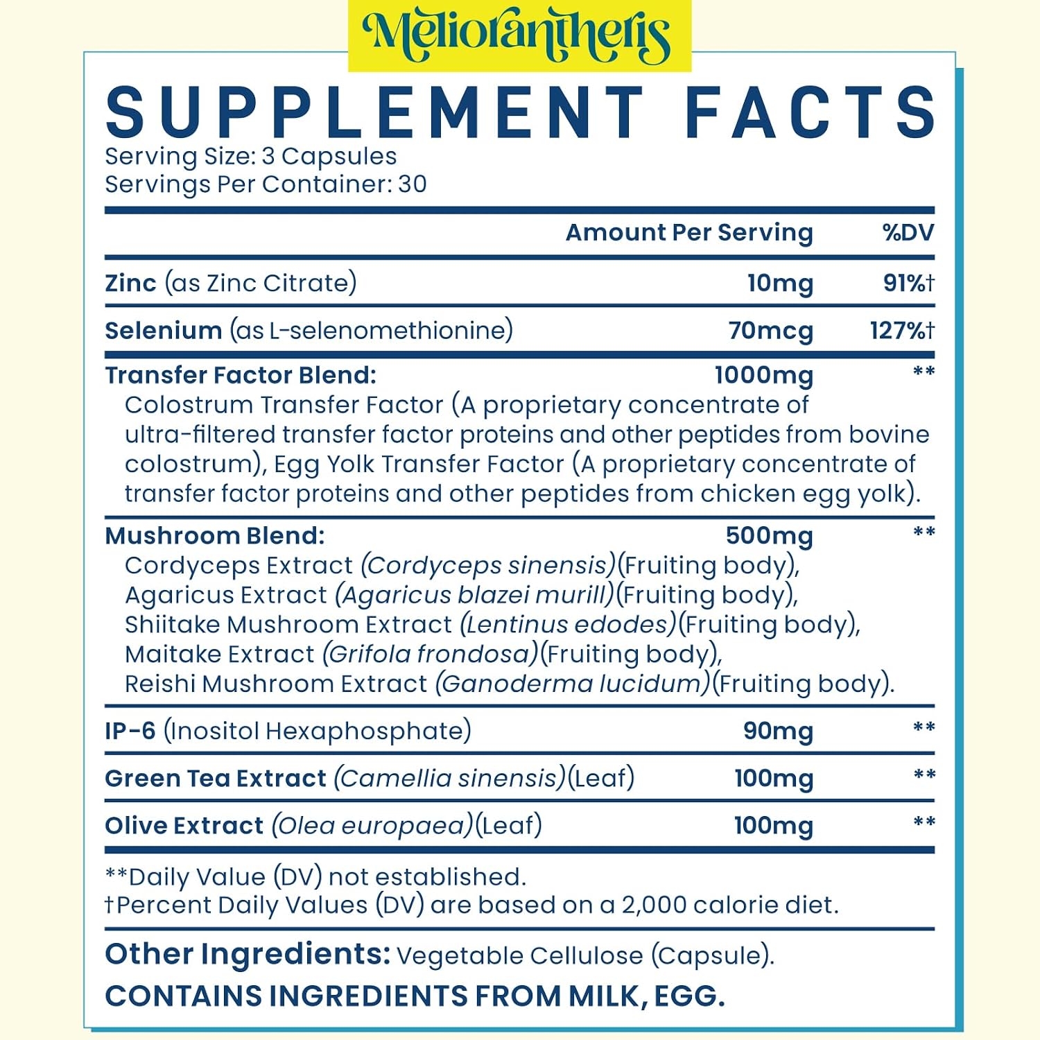 Meliorantheris Transfer Factor 1800mg | Colostrum & Egg Yolk Extracts con Zinc y Selenio | Apoyo Inmunitario y Cognitivo | 90 Cápsulas