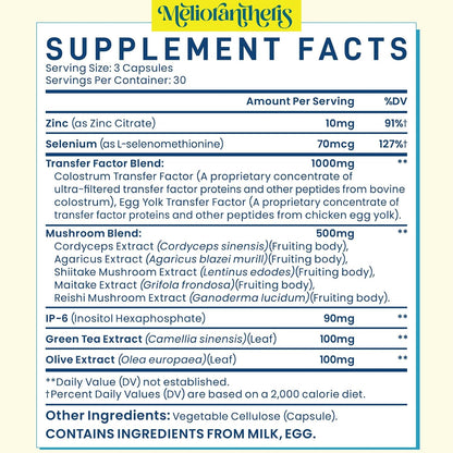 Meliorantheris Transfer Factor 1800mg | Colostrum & Egg Yolk Extracts con Zinc y Selenio | Apoyo Inmunitario y Cognitivo | 90 Cápsulas