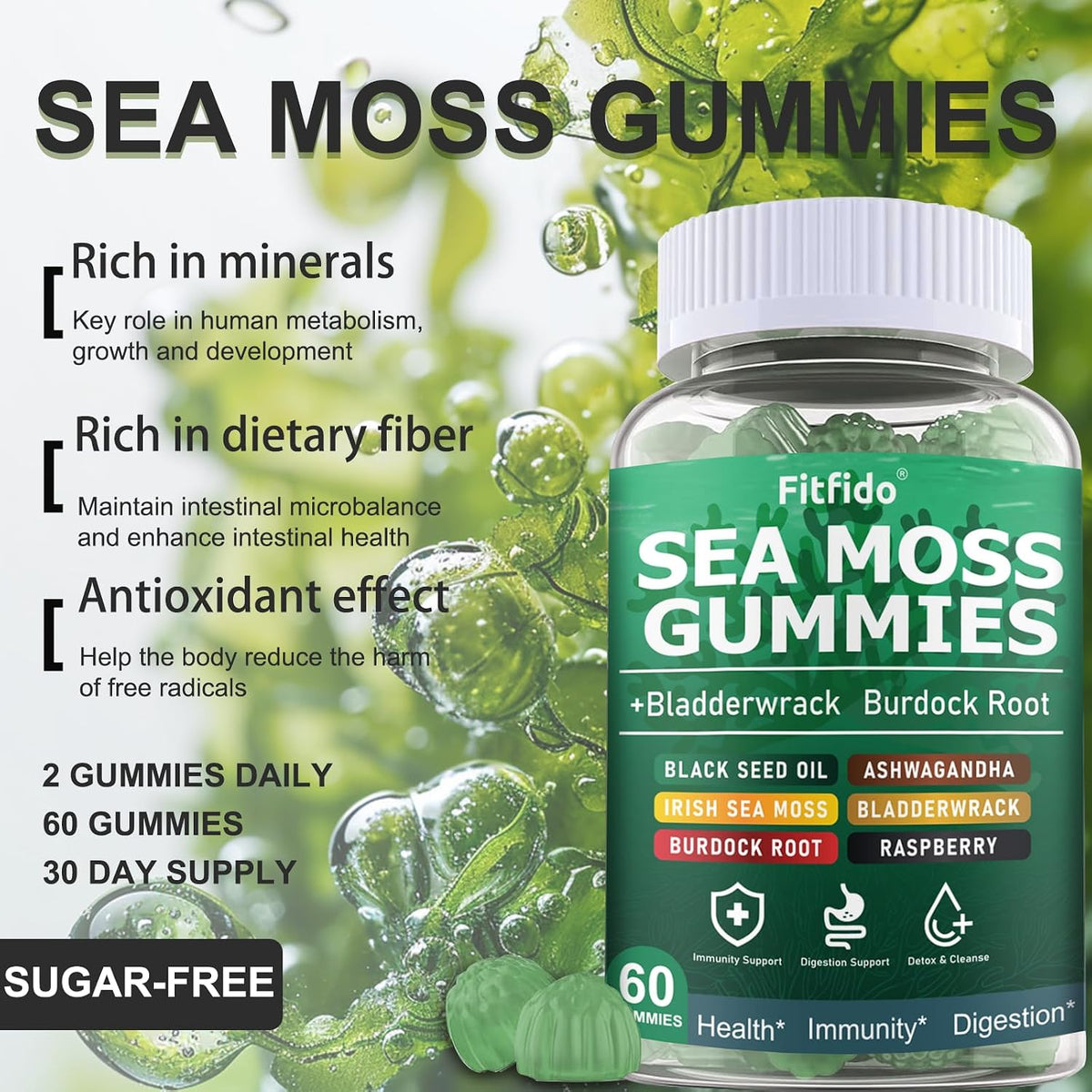Fitfido Gominolas de Musgo de Mar Irlandés – Ashwagandha (Withania somnifera): Adaptógeno que favorece la – Image 4
