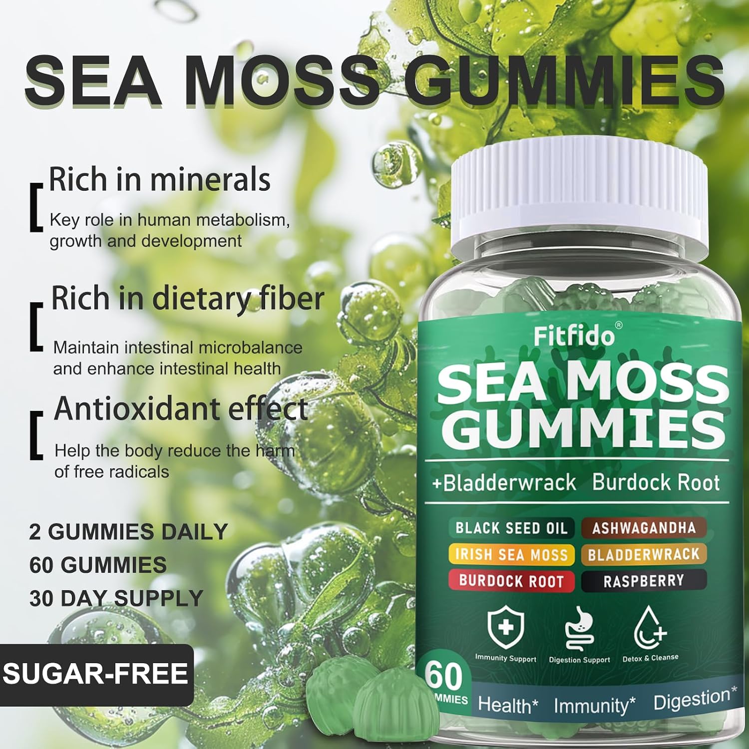 Fitfido Gominolas de Musgo de Mar Irlandés 3000mg con Bladderwrack, 60 unidades