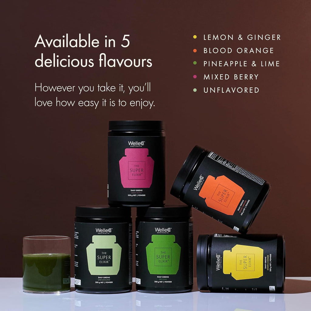 WelleCo The Super Elixir, Mezcla diaria de verduras en polvo con probióticos y superalimentos, sin sabor, 300g