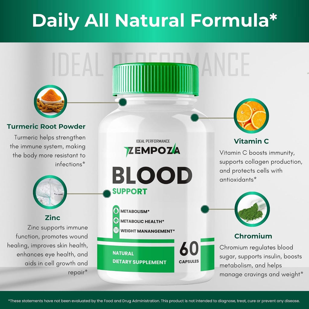 Zempoza Blood Formula Supplement Capsules, Fórmula Avanzada para la Salud Sanguínea con Vitamina C, Zinc y Canela (5 Envases)