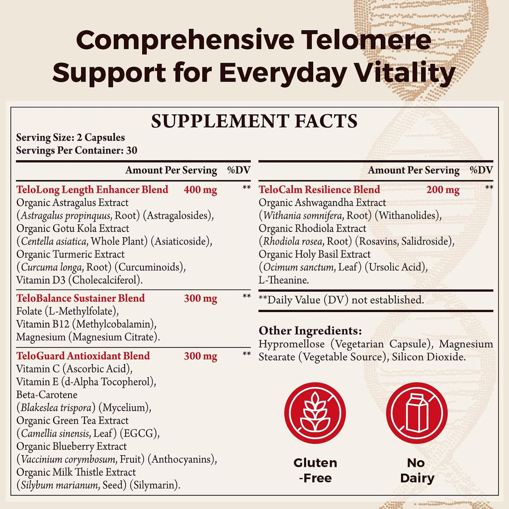 Telomere Lengthening Supplements – Astragalus Orgánico, Gotu Kola, Vitamina D3, Folato, L-Teanina – 60 Cápsulas Veganas – Hecho en Japón