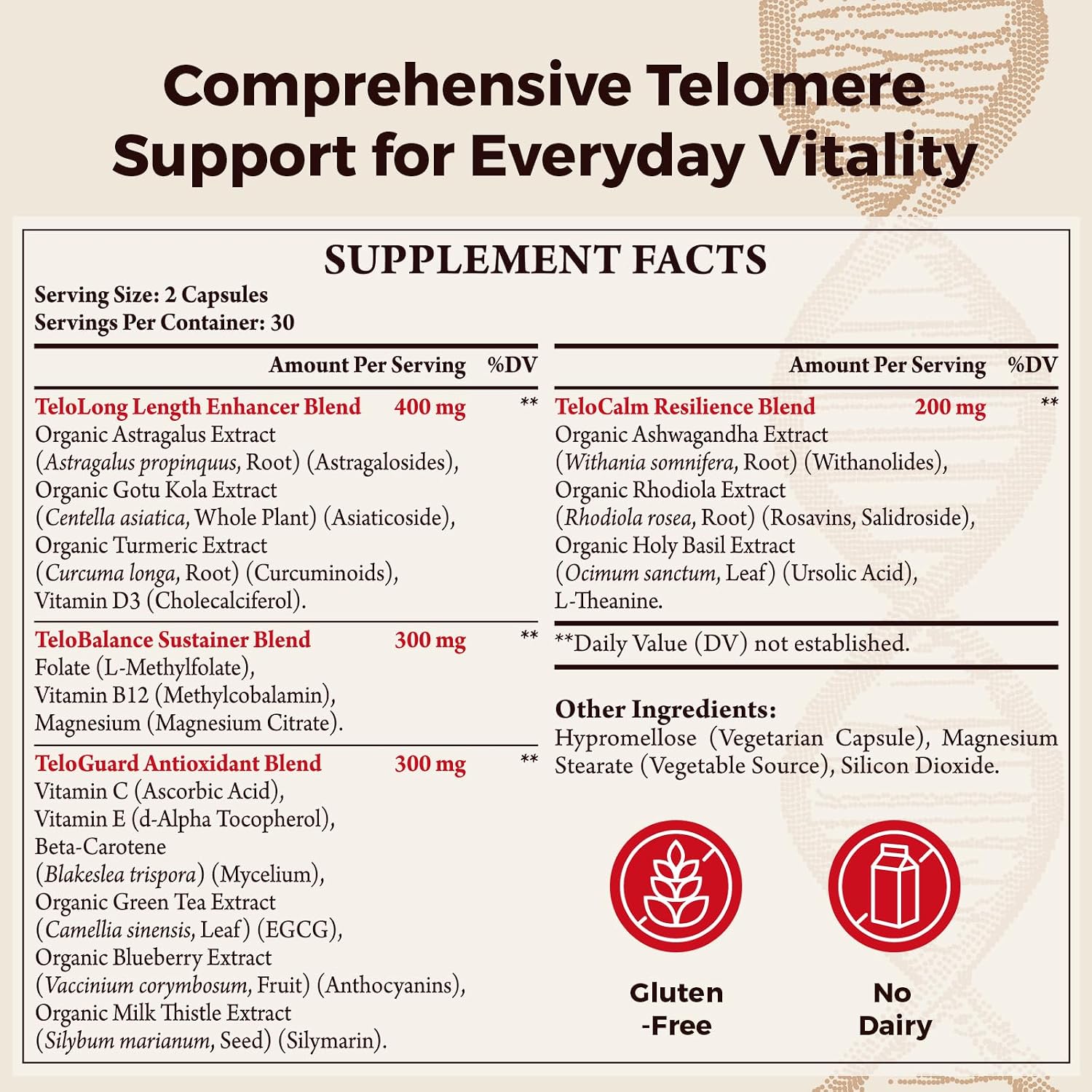 Telomere Lengthening Supplements – Astragalus Orgánico, Gotu Kola, Vitamina D3, Folato, L-Teanina – 60 Cápsulas Veganas – Hecho en Japón
