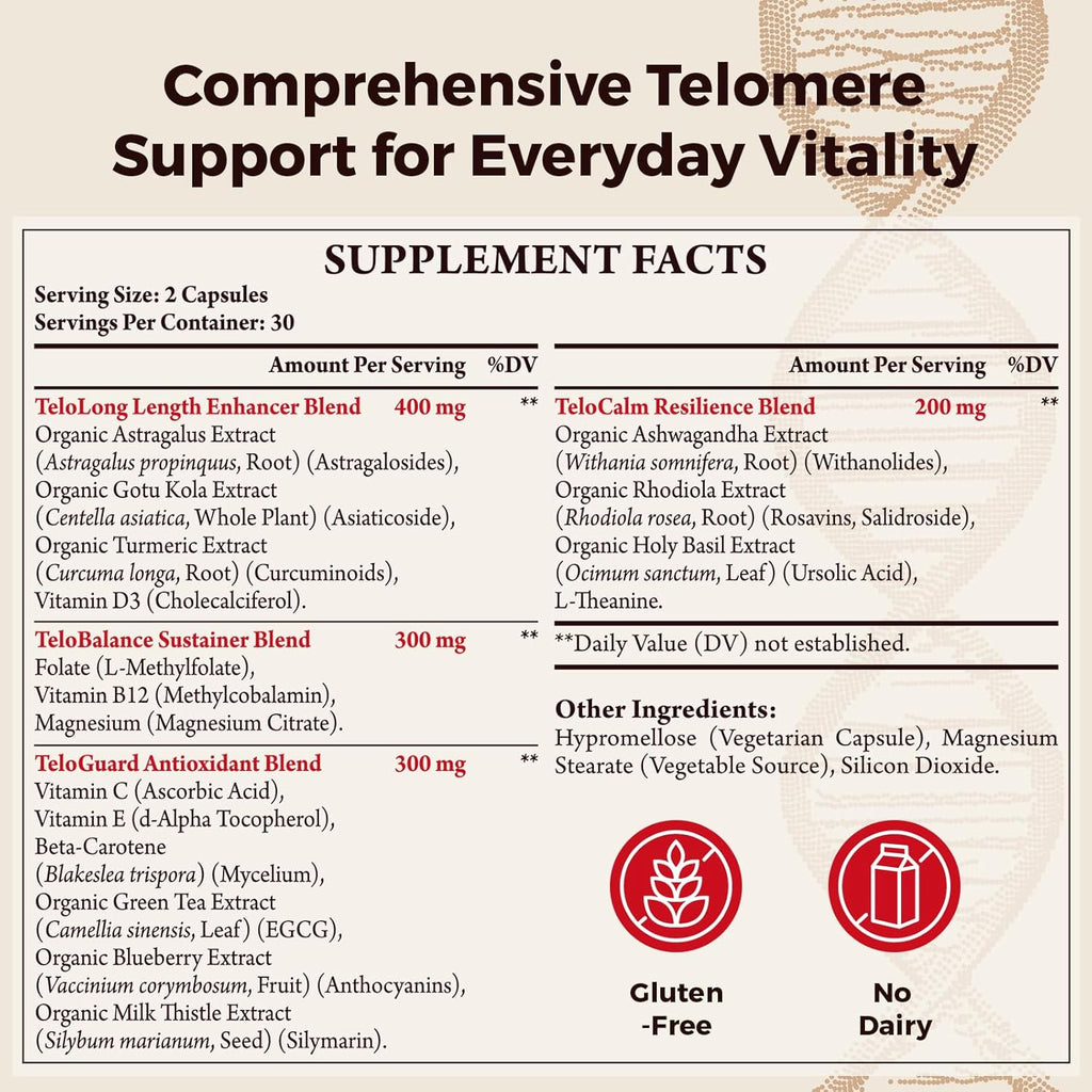Telomere Lengthening Supplements – Astragalus, Gotu Kola, Vitaminas D3 y Folato – Cápsulas Veganas (2 Envases)