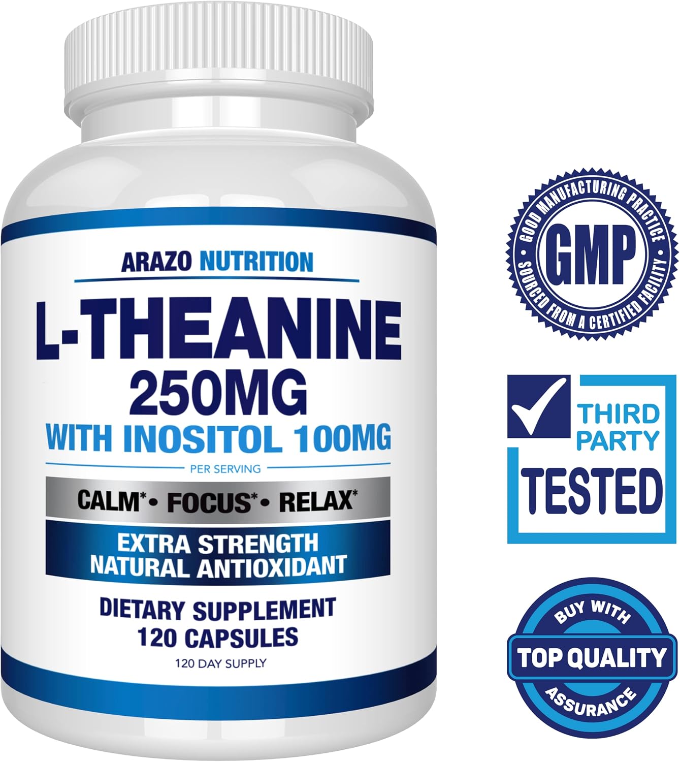 Arazo Nutrition L-Theanina 250mg (Extra Strength) con Inositol 100mg, 120 Cápsulas Vegetarianas