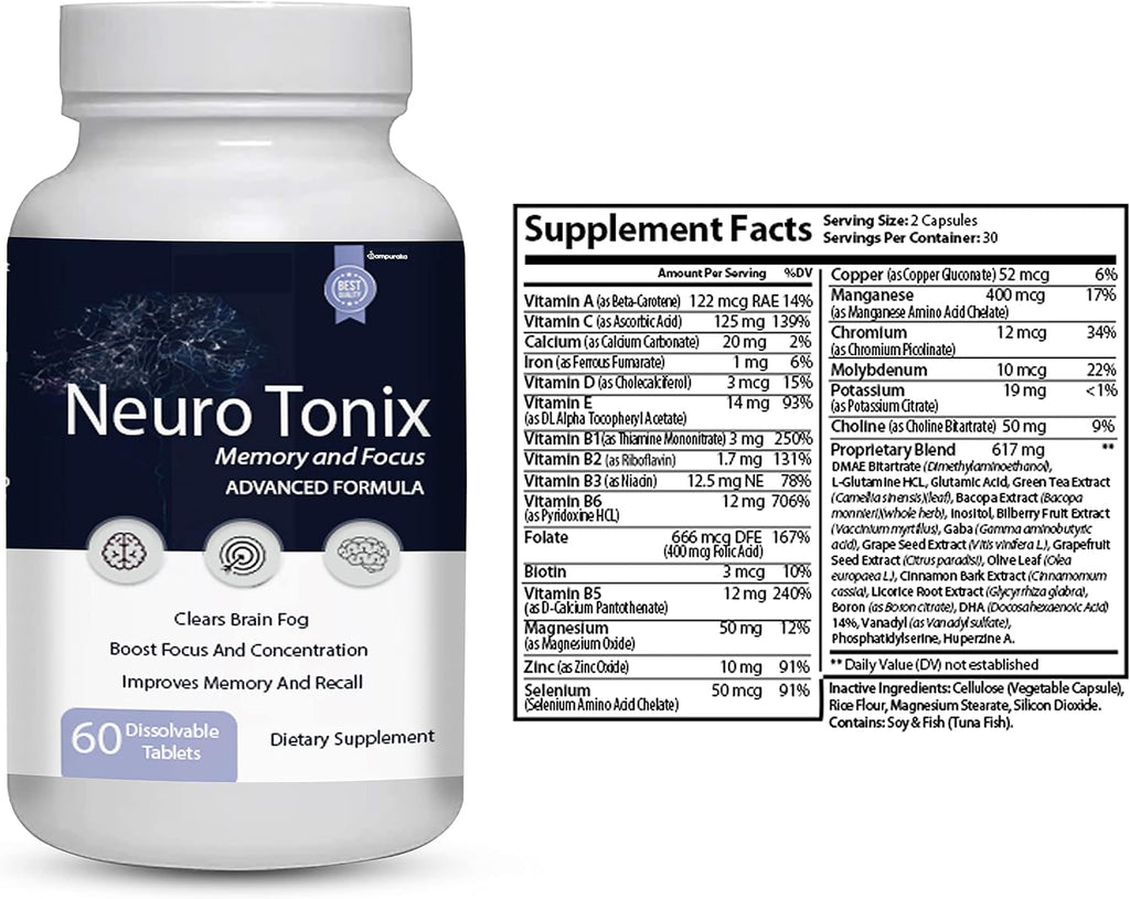 Neuro Tonix Advanced Formula for Memory and Focus - 6 Paquetes de 360 Cápsulas