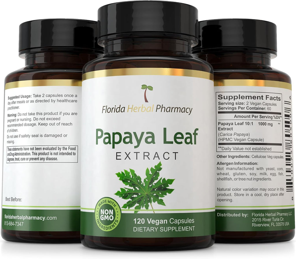 Florida Herbal Pharmacy - Extracto de Hoja de Papaya 10:1, 120 Cápsulas, 500 mg por Cápsula
