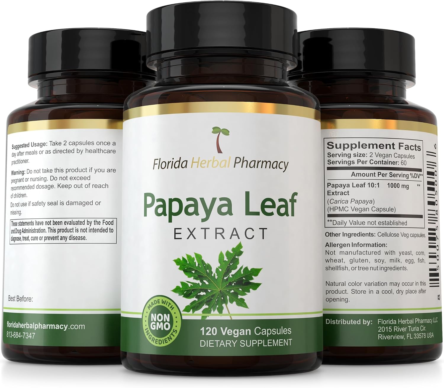 Florida Herbal Pharmacy - Extracto de Hoja de Papaya 10:1, 120 Cápsulas, 500 mg por Cápsula