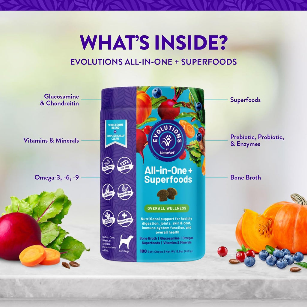 NaturVet Evolutions Todo-en-Uno + Superalimentos 180 comprimidos masticables para perros