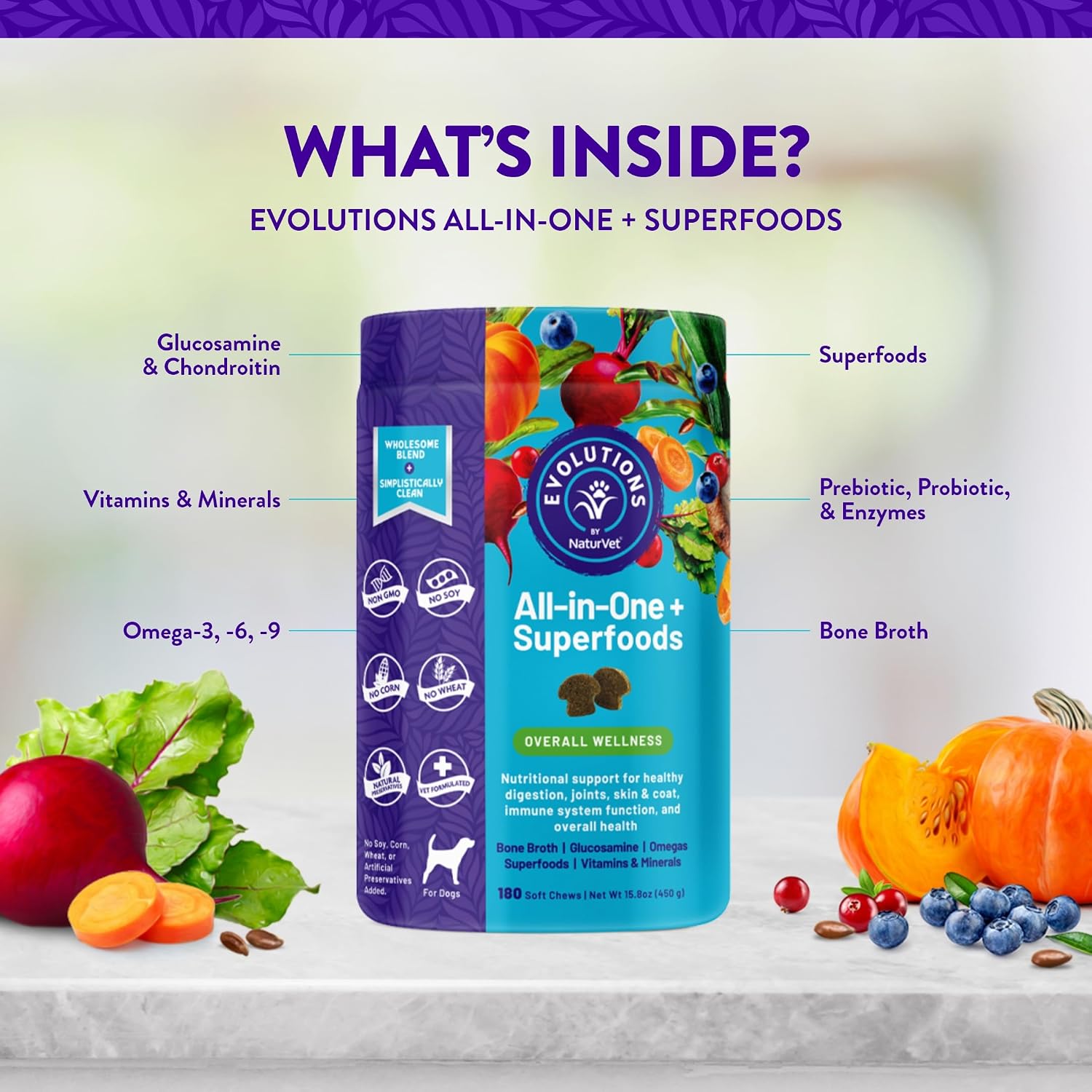 NaturVet Evolutions Todo-en-Uno + Superalimentos 180 comprimidos masticables para perros