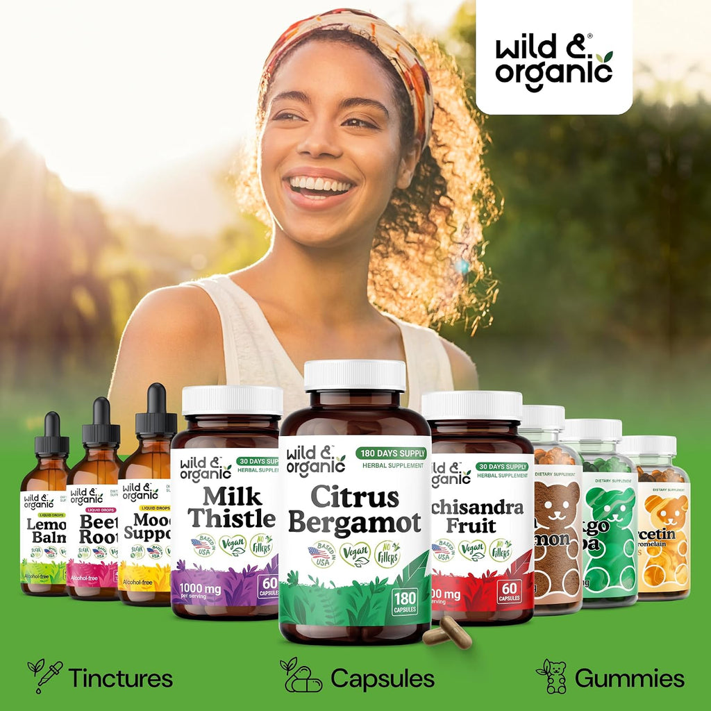 Wild & Organic Cápsulas de Bergamota Cítrica - Antioxidante y Apoyo General - Extracto de Citrus Bergamia - Vegano, Sin Rellenos, No GMO - 180 Cápsulas