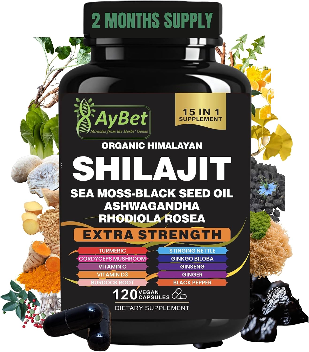 AyBet Shilajit Orgánico Himalayo - 15 Ingredientes - 120 Cápsulas