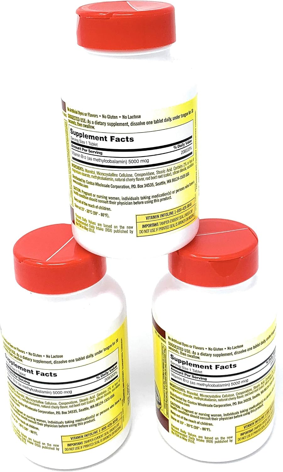 Kirkland Signature Vitamina B12 Sublingual 5000 mcg, 3 Frascos (300 Comprimidos)