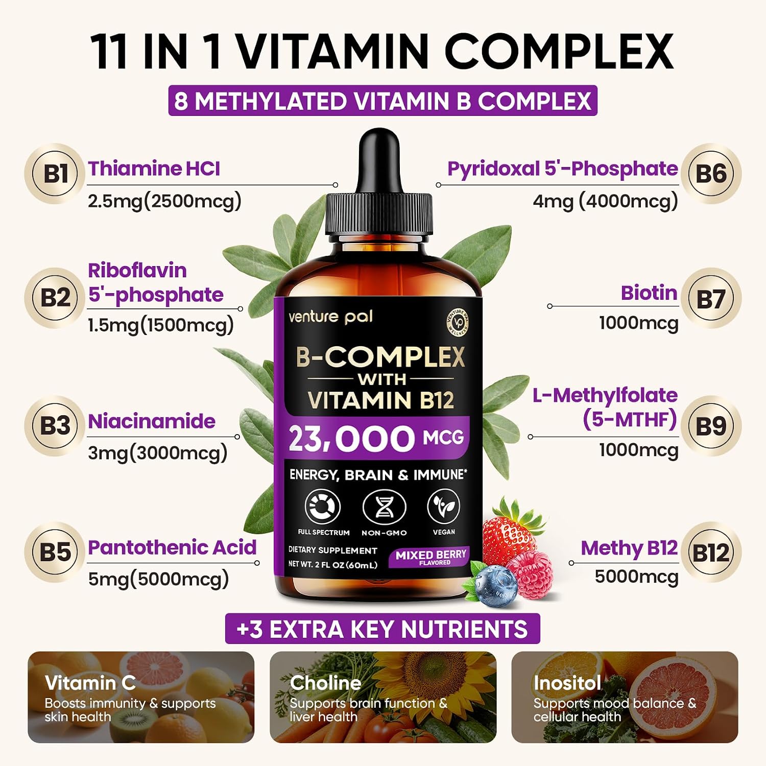 Venture Pal Vitamin B Complex Liquid Drops, B12 Metilcobalamina | B9 Fólico | B1,B2,B3,B5,B6,B7 - Vitamina C, Colina, Inositol, Apoyo Inmunológico y Metabolismo Energético, Cerebro y Corazón