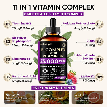 Venture Pal Vitamin B Complex Liquid Drops, B12 Metilcobalamina | B9 Fólico | B1,B2,B3,B5,B6,B7 - Vitamina C, Colina, Inositol, Apoyo Inmunológico y Metabolismo Energético, Cerebro y Corazón