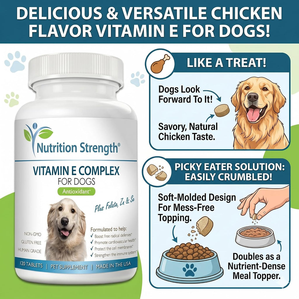 Complejo de Vitamina E para Perros con Zinc, Selenio, Folato y Aceite de Salmón - 120 Comprimidos Masticables