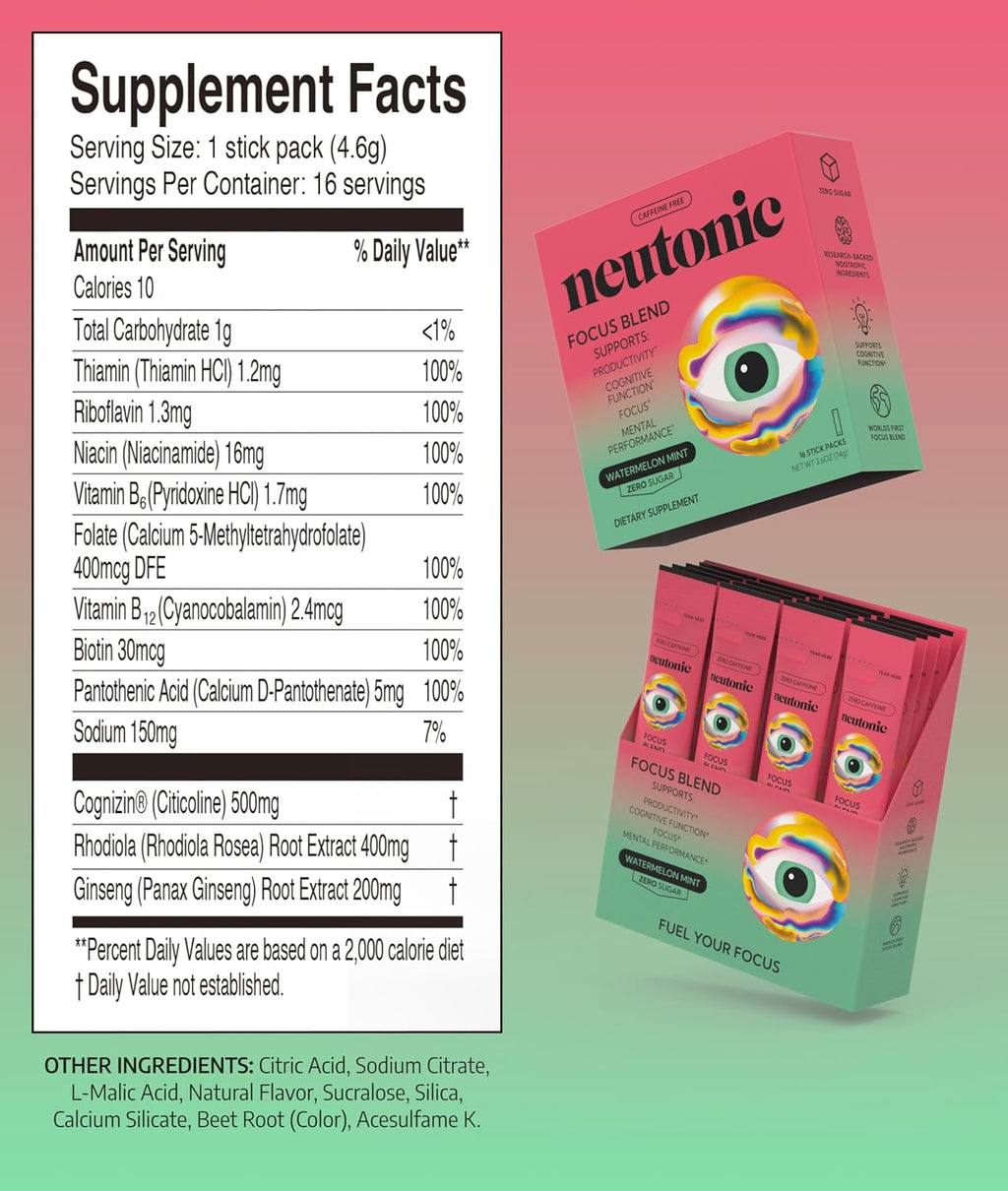 Neutonic Nootropic Focus Blend Powder - Sabor Menta Sandía, 16 sticks - Sin cafeína, Sin azúcar