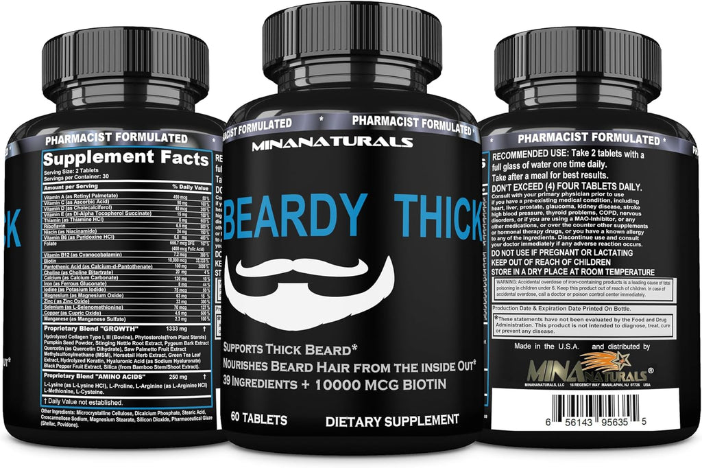 BEARDY Suplemento para Barba con Biotina 10000 mcg, Keratina, Colágeno, Silicio - 60 Comprimidos
