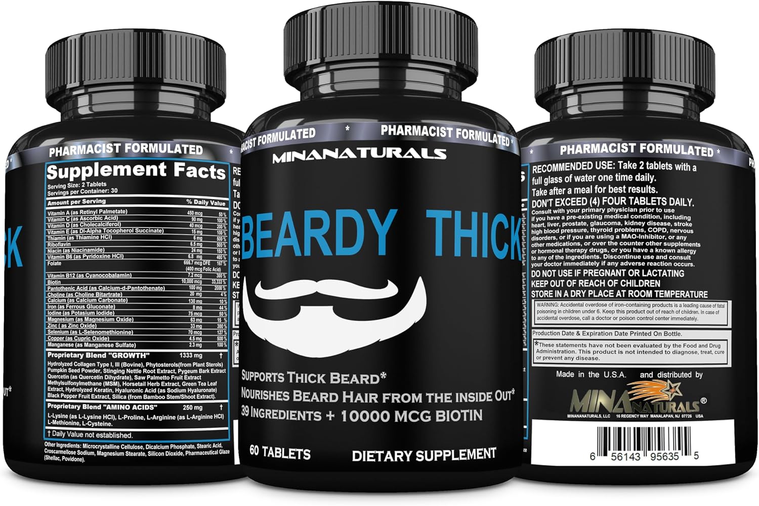 BEARDY Suplemento para Barba con Biotina 10000 mcg, Keratina, Colágeno, Silicio - 60 Comprimidos