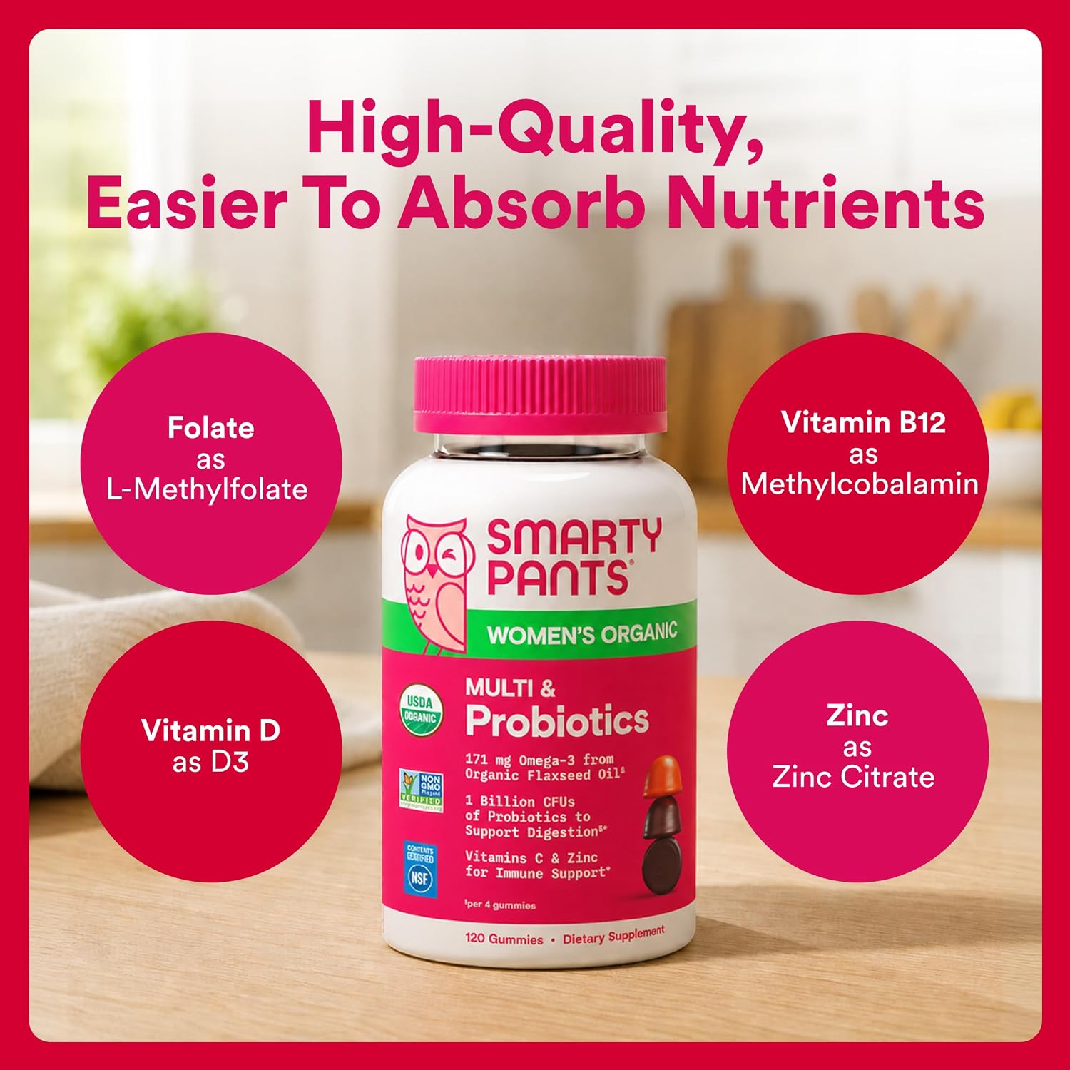 SmartyPants Gominolas Multivitamínicas Orgánicas para Mujeres con Biotina, Probióticos, Metilfolato, Omega 3 (ALA), Vitamina D3, C, B12, B6, A, K, Zinc e Inositol - 120 Gominolas (30 Días)