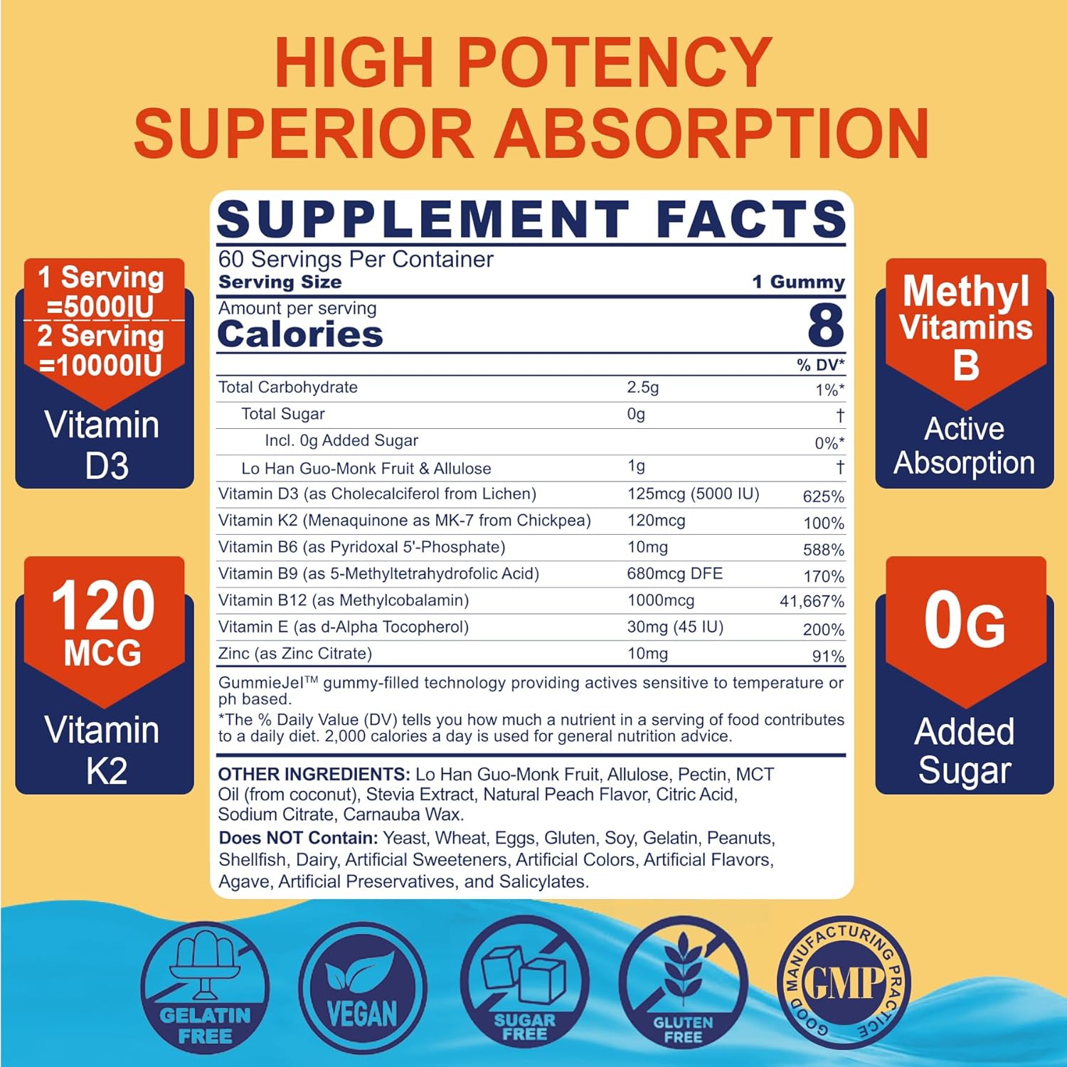 Vitamina D3 5000 UI + K2 (MK-7) 120 mcg Gominolas con Complejo B, Zinc y Vitamina E - Sin Azúcar, Vegano