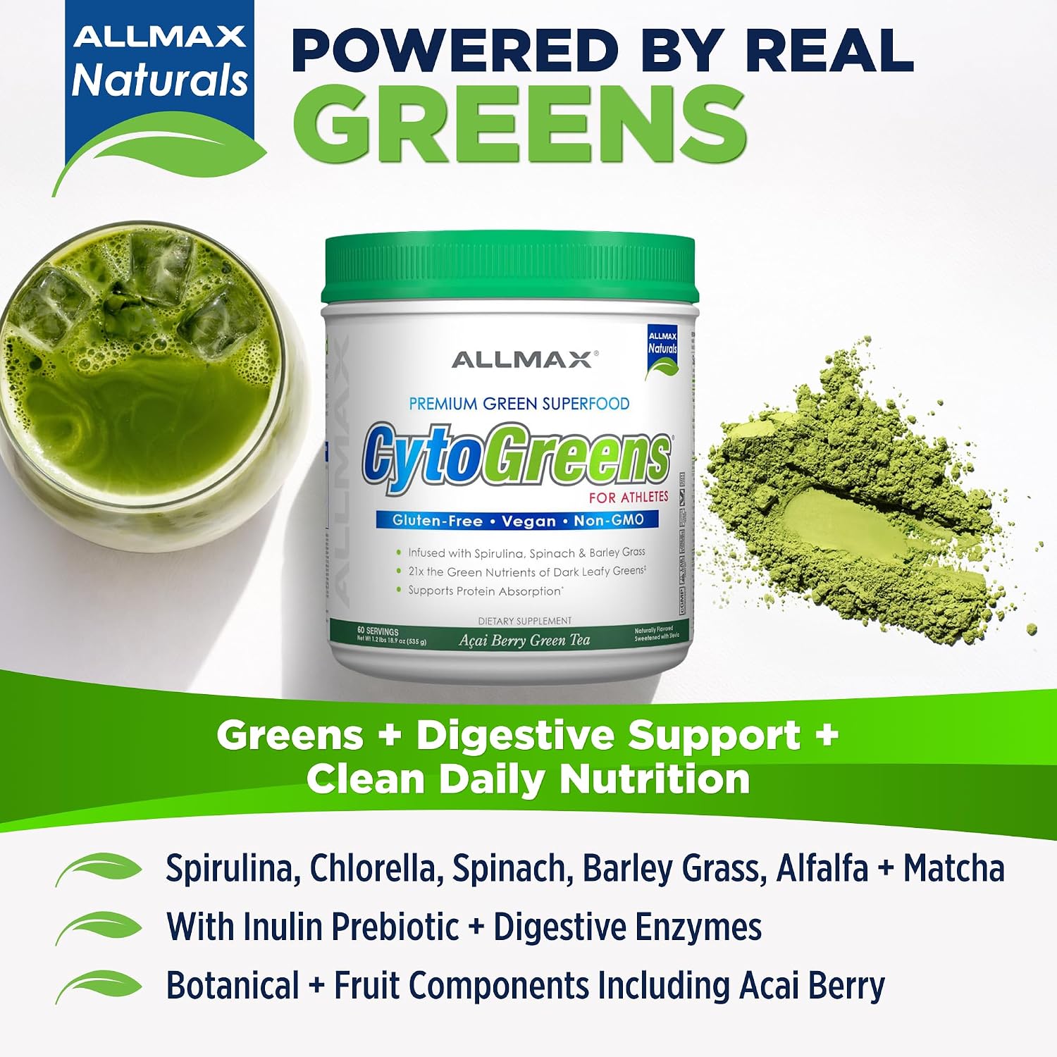 ALLMAX CytoGreens Super Greens Powder - Acai Berry Green Tea (60 porciones)