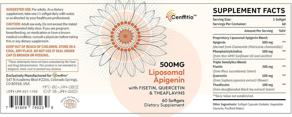 Cenffitio Apigenina Liposomal 500mg - Fórmula Senolítica con Fisetina, Quercetina y Teaflavinas - 8 Meses de Suministro