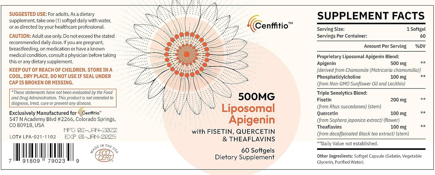 Cenffitio Apigenina Liposomal 500mg - Fórmula Senolítica con Fisetina, Quercetina y Teaflavinas - 8 Meses de Suministro