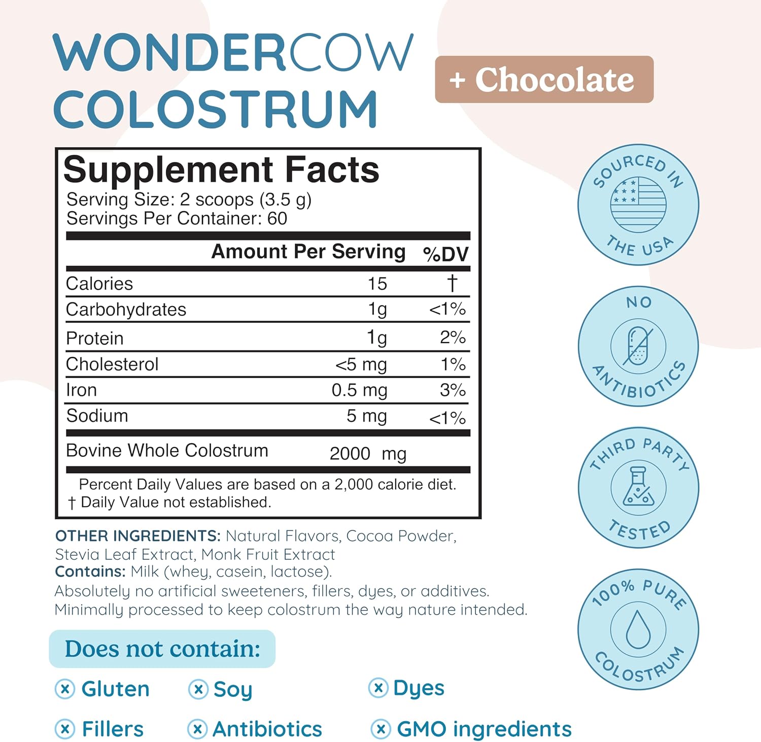 WonderCow Suplemento de Calostro Bovino en Polvo, Chocolate, 60 Dosis