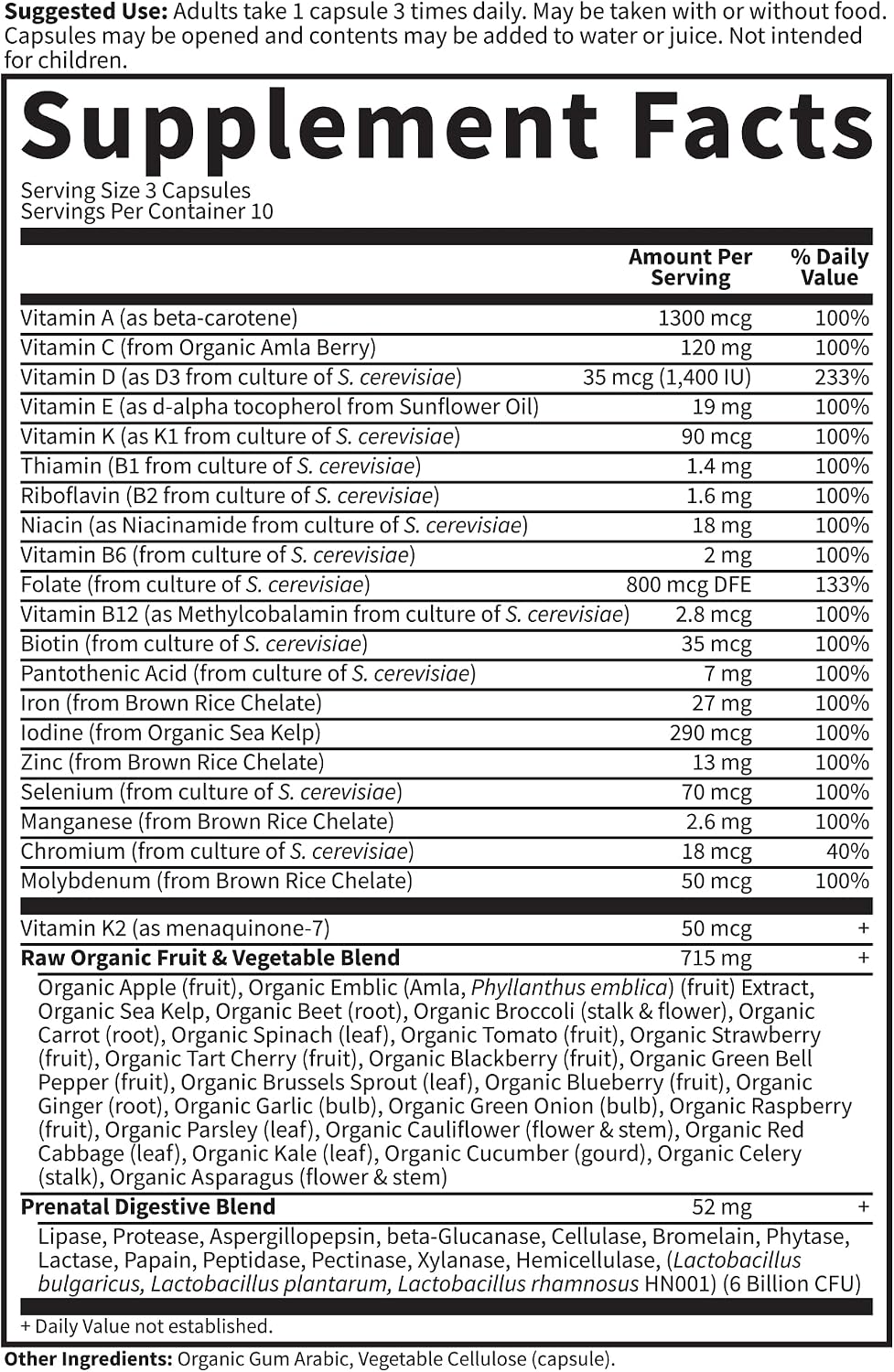 Garden of Life Vitamin Code Raw Multivitamínico Prenatal con Hierro, Ácido Fólico y Probióticos - 90 Cápsulas (30 Días)
