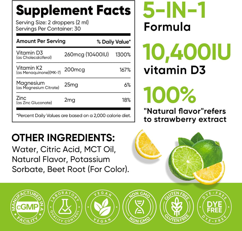 5-in-1 Vitamin D3 K2 Drops - Vitamina D3 10000 UI y K2 (MK-7) 200 mcg con Magnesio, Zinc y MCT Oil - 60 ml, 60 Días