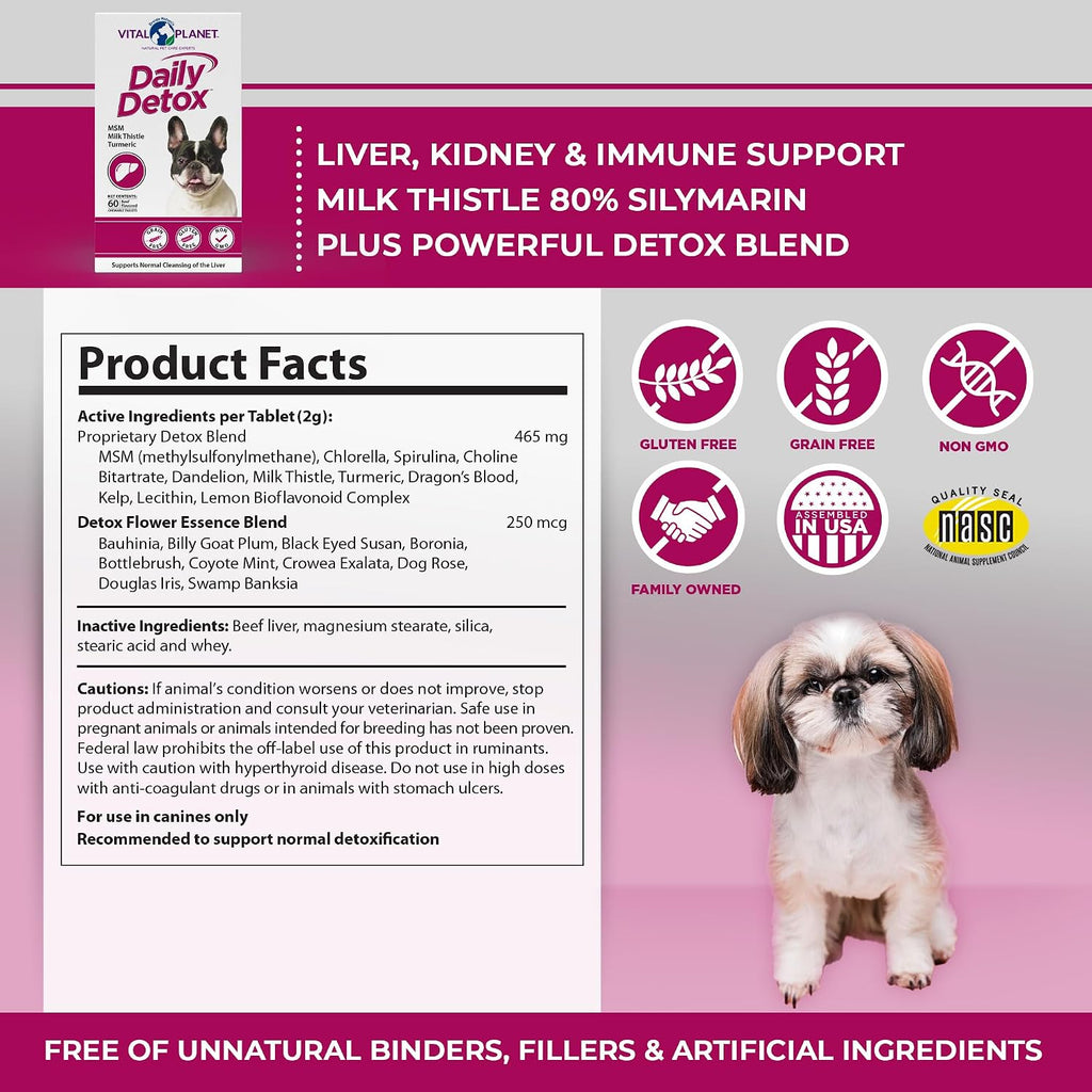 Vital Planet - Daily Detox para Perros con MSM, Cardo Mariano, Espirulina y Cúrcuma - Apoya el Sistema Inmunológico y la Limpieza Natural del Hígado - 60 Comprimidos Masticables Sabor Carne de Vacuno