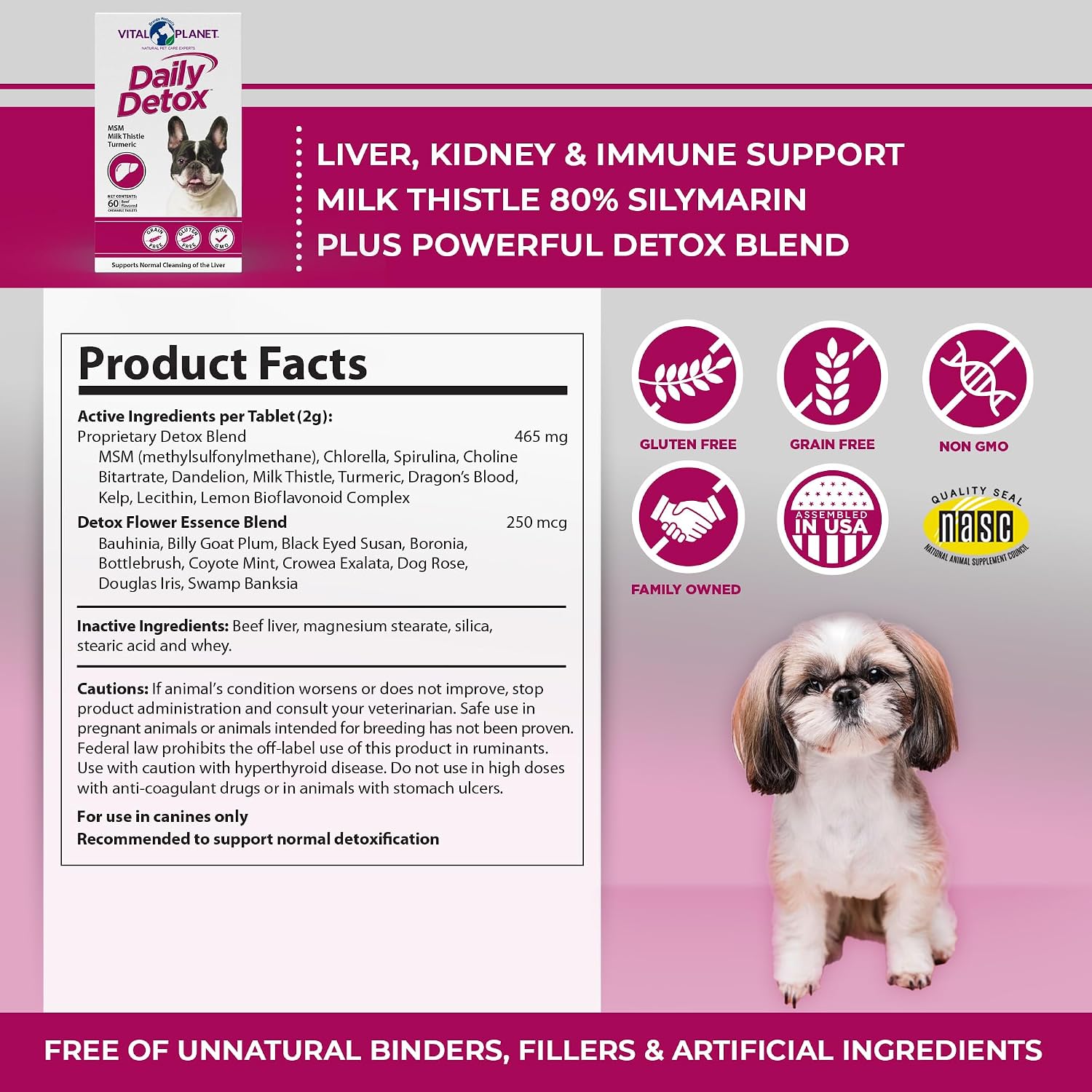 Vital Planet - Daily Detox para Perros con MSM, Cardo Mariano, Espirulina y Cúrcuma - Apoya el Sistema Inmunológico y la Limpieza Natural del Hígado - 60 Comprimidos Masticables Sabor Carne de Vacuno