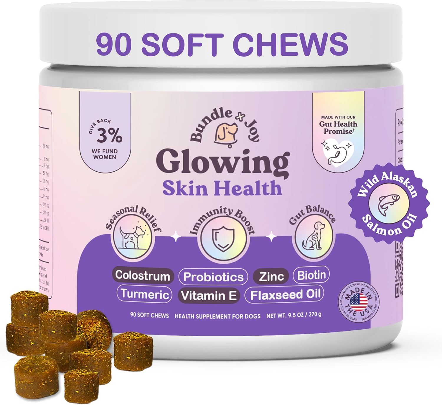 Bundle x Joy Suplemento para la Piel y el Pelaje de Perros, 90 Masticables Blandos con Probióticos, Calostro, Omega-3, Aceite de Salmón y Cúrcuma
