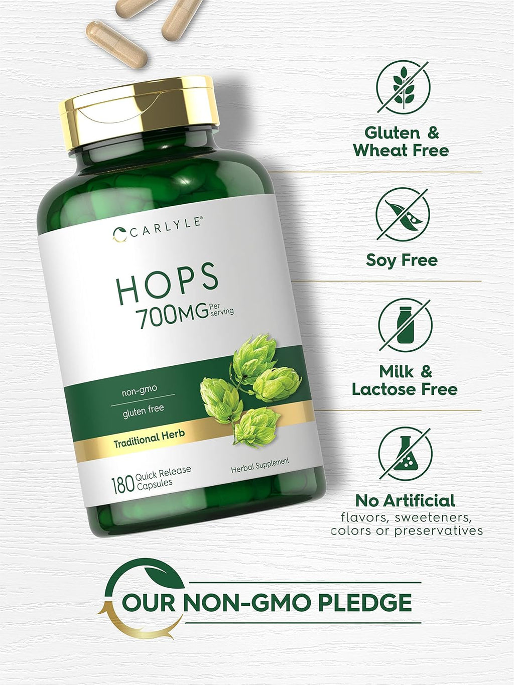 Carlyle Suplemento de Lúpulo 700mg | 180 Cápsulas | No-GMO y Sin Gluten | Hierba Tradicional
