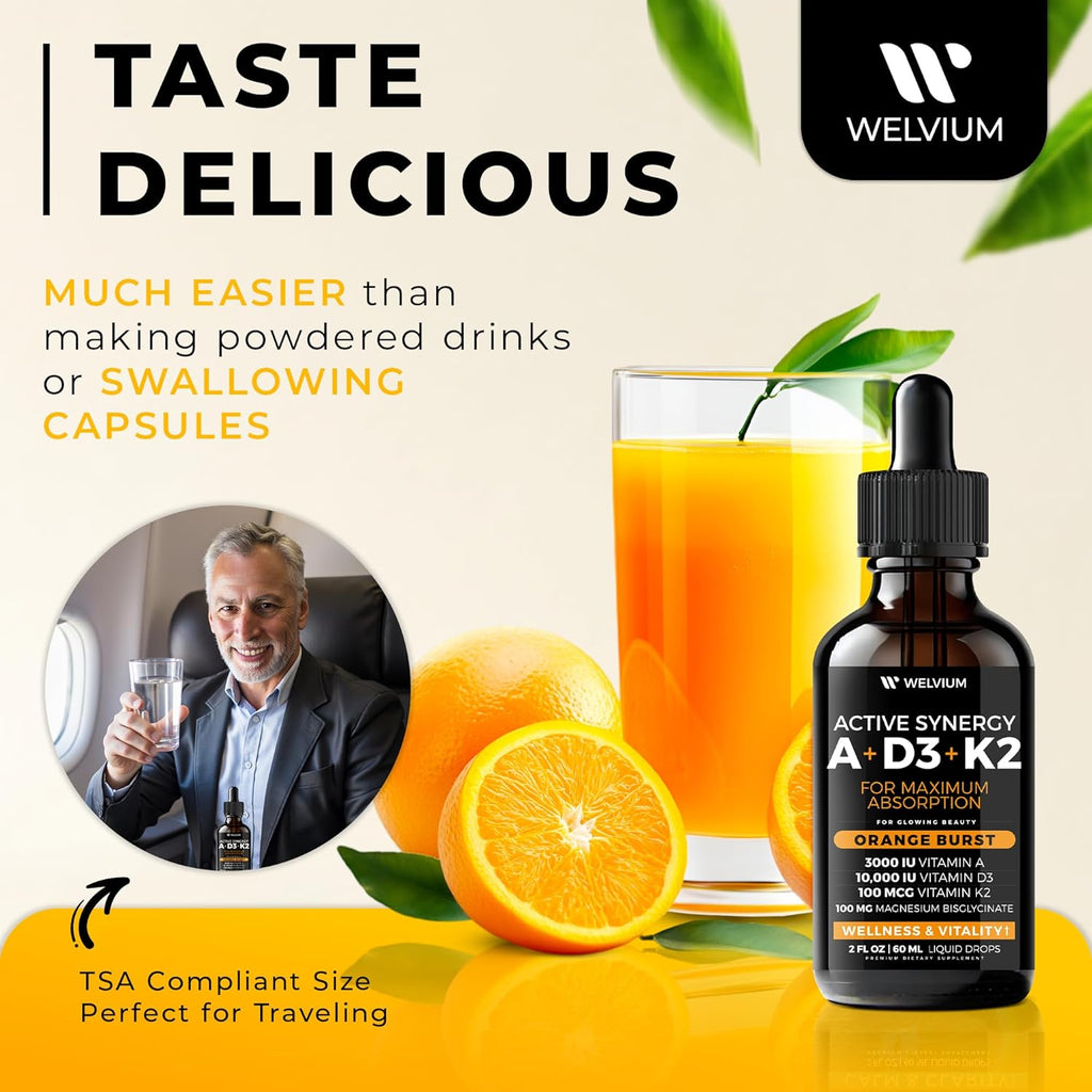 WELVIUM 7-en-1 Gotas Líquidas de Vitamina D3 K2 con Magnesio, 10.000 UI, MK-7, Vitamina A, Calcio, Aceite MCT y Lecitina de Girasol Orgánica