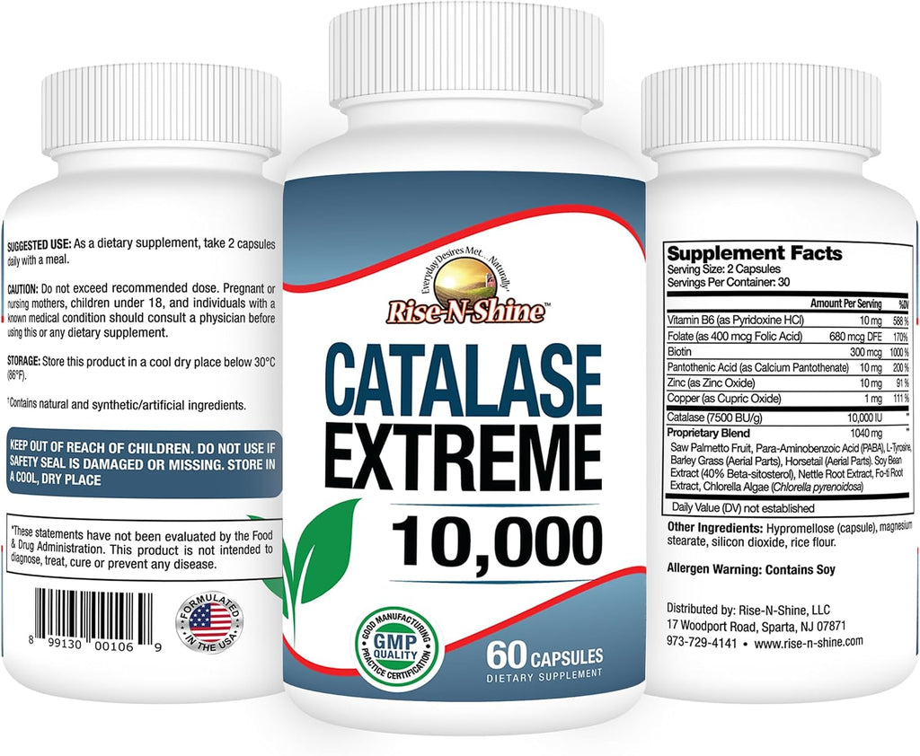 Rise-N-Shine Catalase Extreme 10,000 - Suplemento Capilar con Saw Palmetto, Biotina y Fo-Ti - 60 Cápsulas