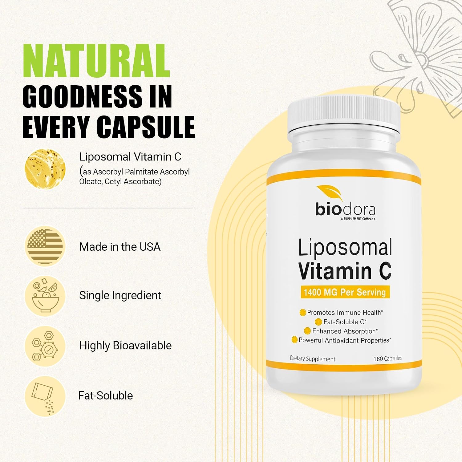 Vitamina C Liposomal, 1400 mg por dosis, 180 cápsulas
