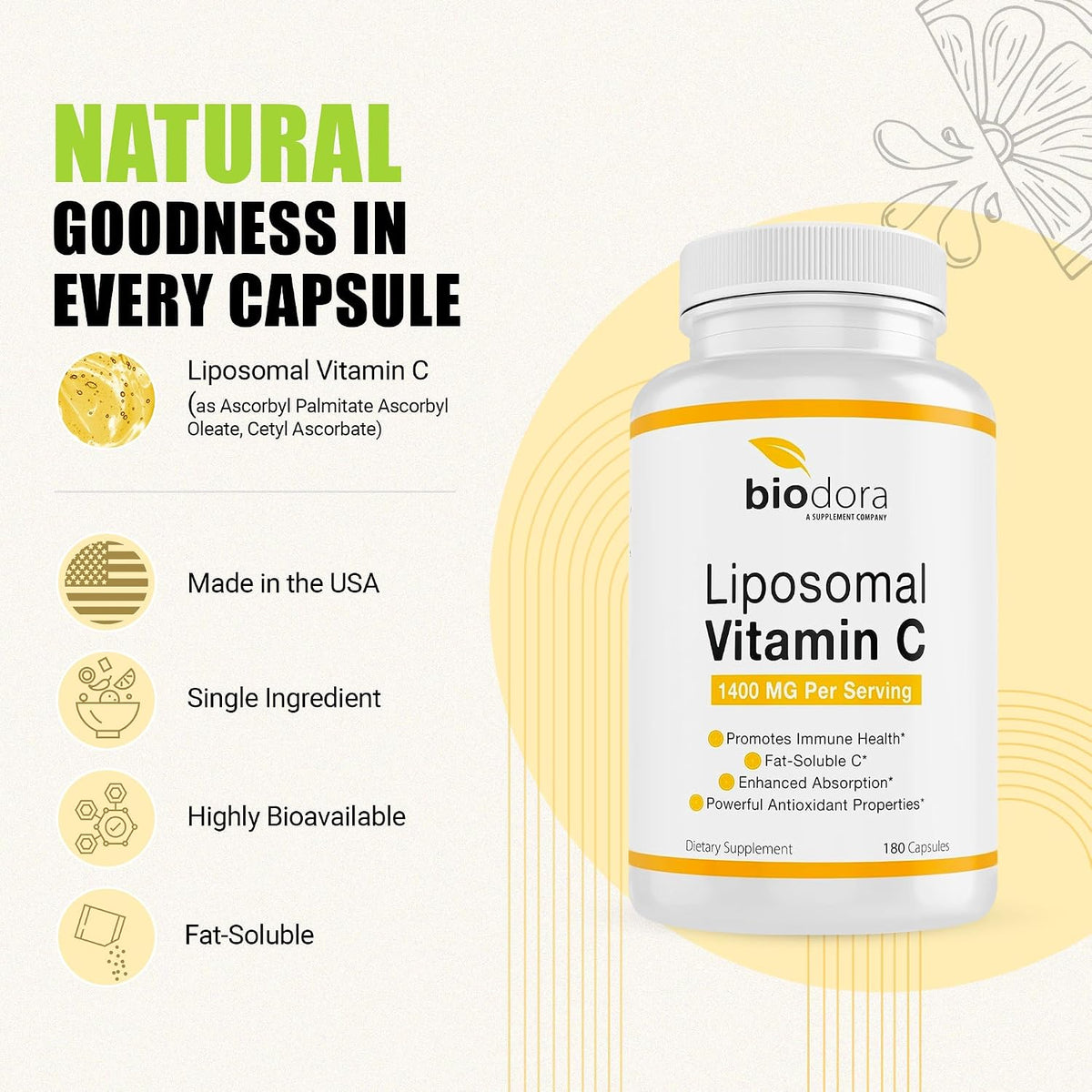 Biodora Liposomal Vitamin C, 1400 mg, 180 cápsulas – Image 4