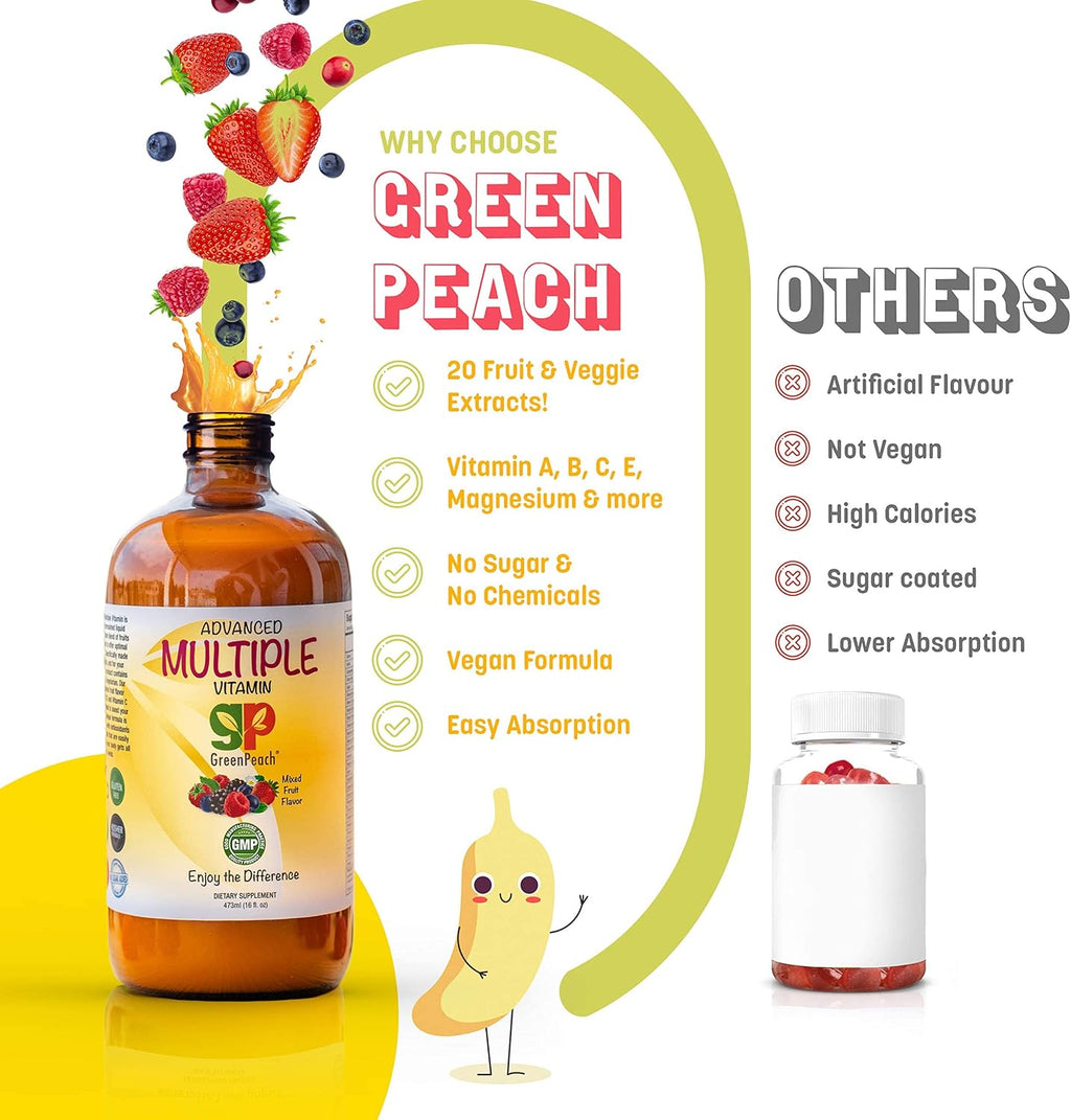 Multivitamínico Líquido para Niños – 31 Vitaminas y Minerales Veganos + 20 Extractos de Frutas y Verduras – Sin Azúcar, Gluten ni Saborizantes Artificiales – 473 ml