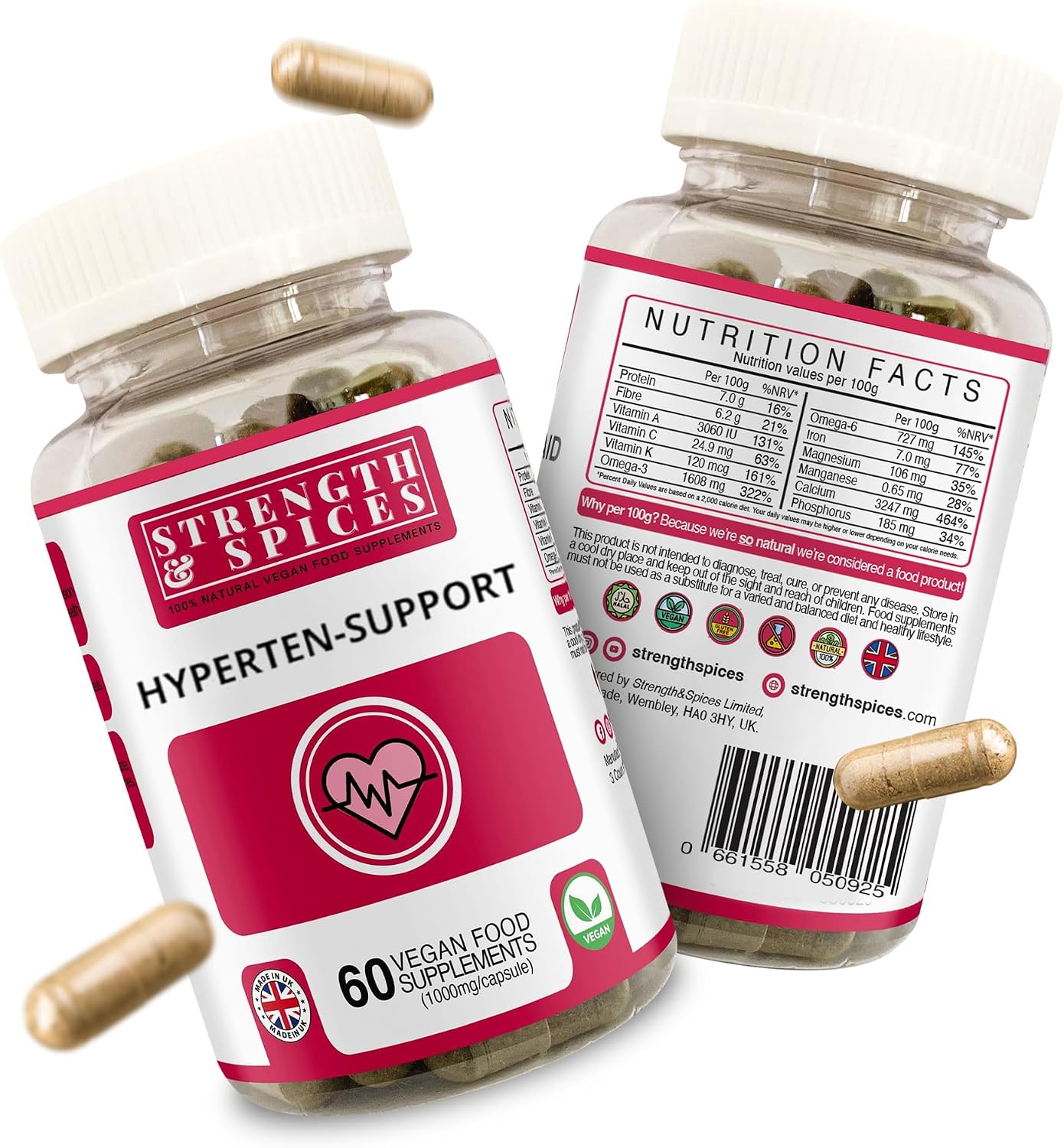 Strength & Spices Hypertensupport – 15 Ingredientes Naturales con Espino Blanco, Semillas de Uva y Bayas – 60 Cápsulas Veganas 1000mg