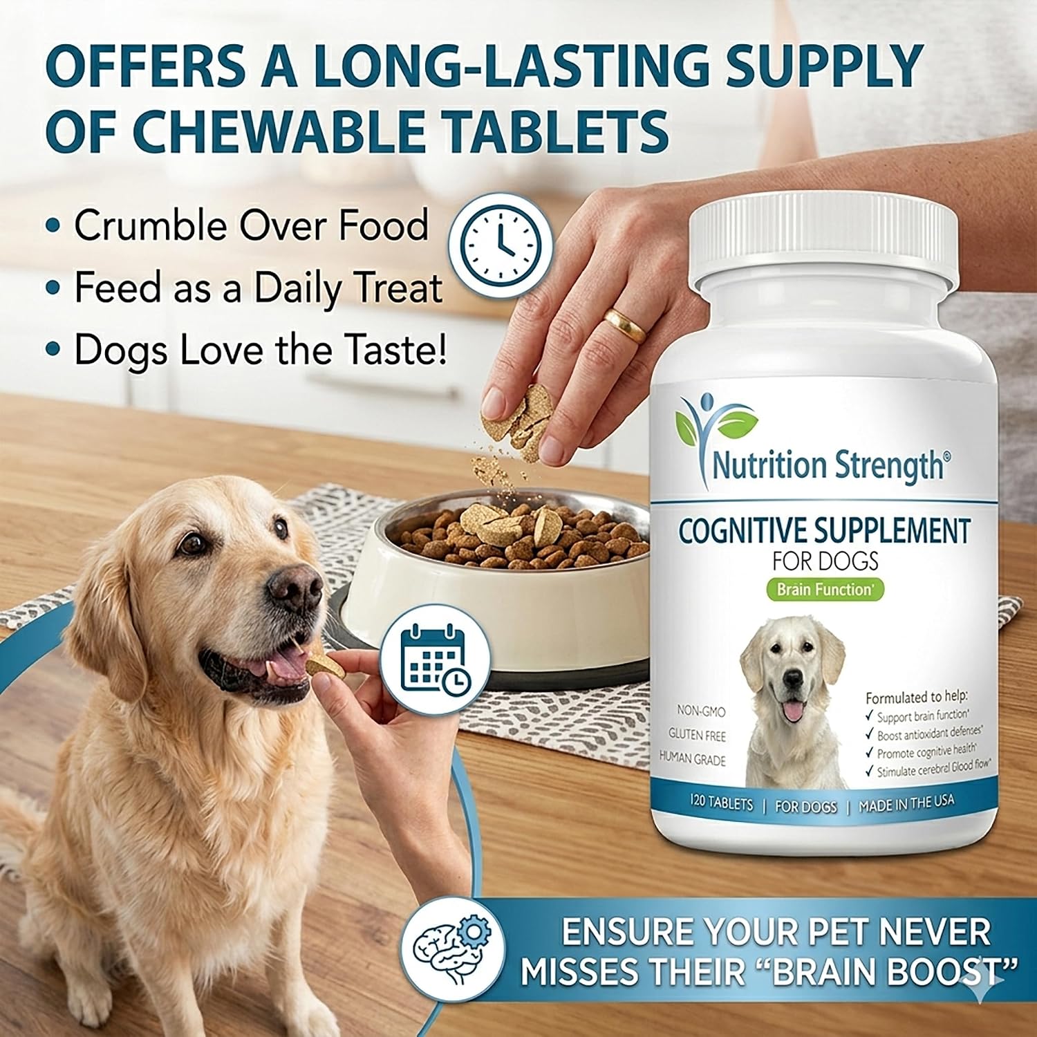 Nutrition Strength Apoyo Cognitivo para Perros – 120 Comprimidos Masticables para la Salud Cerebral y Mental