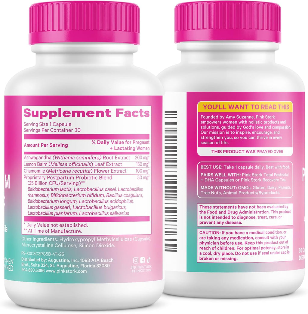 Pink Stork Probióticos Postnatales - 30B UFC con Ashwagandha y Manzanilla, 30 Cápsulas