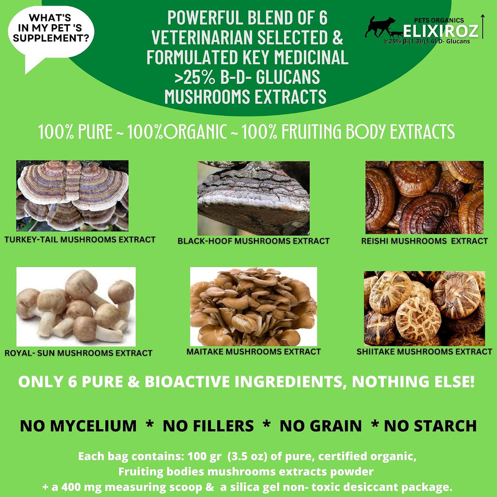 Complejo de Hongos para Perros y Gatos – 25%+ Beta-Glucanos – Mezcla de Extractos de Cuerpos Fructíferos (Cola de Pavo, Reishi, Maitake, Shiitake) – Apoyo Inmunitario y Digestivo – Sin Micelio, Sin Rellenos – 250 Servicios