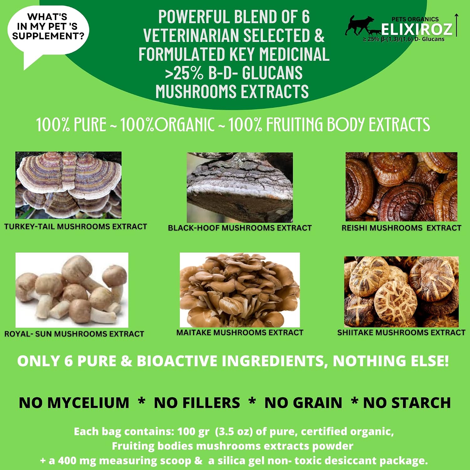 Complejo de Hongos para Perros y Gatos – 25%+ Beta-Glucanos – Mezcla de Extractos de Cuerpos Fructíferos (Cola de Pavo, Reishi, Maitake, Shiitake) – Apoyo Inmunitario y Digestivo – Sin Micelio, Sin Rellenos – 250 Servicios