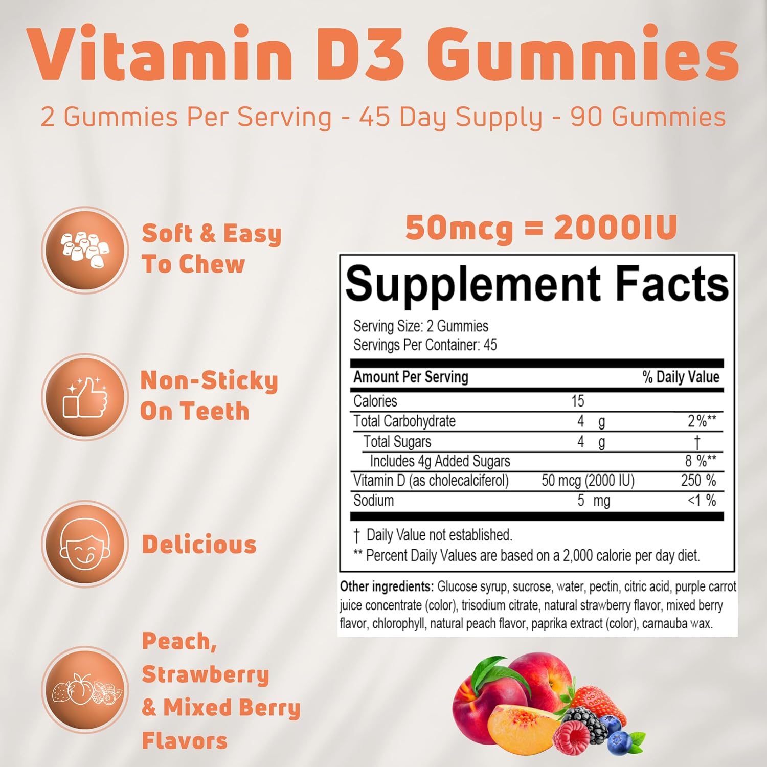 NUELATION Gomitas de Vitamina D3 2000 UI - 90 Unidades (45 Dosis) - Sabor Melocotón, Fresa y Frutos del Bosque - Sin Gelatina, Sin Gluten, No-GMO