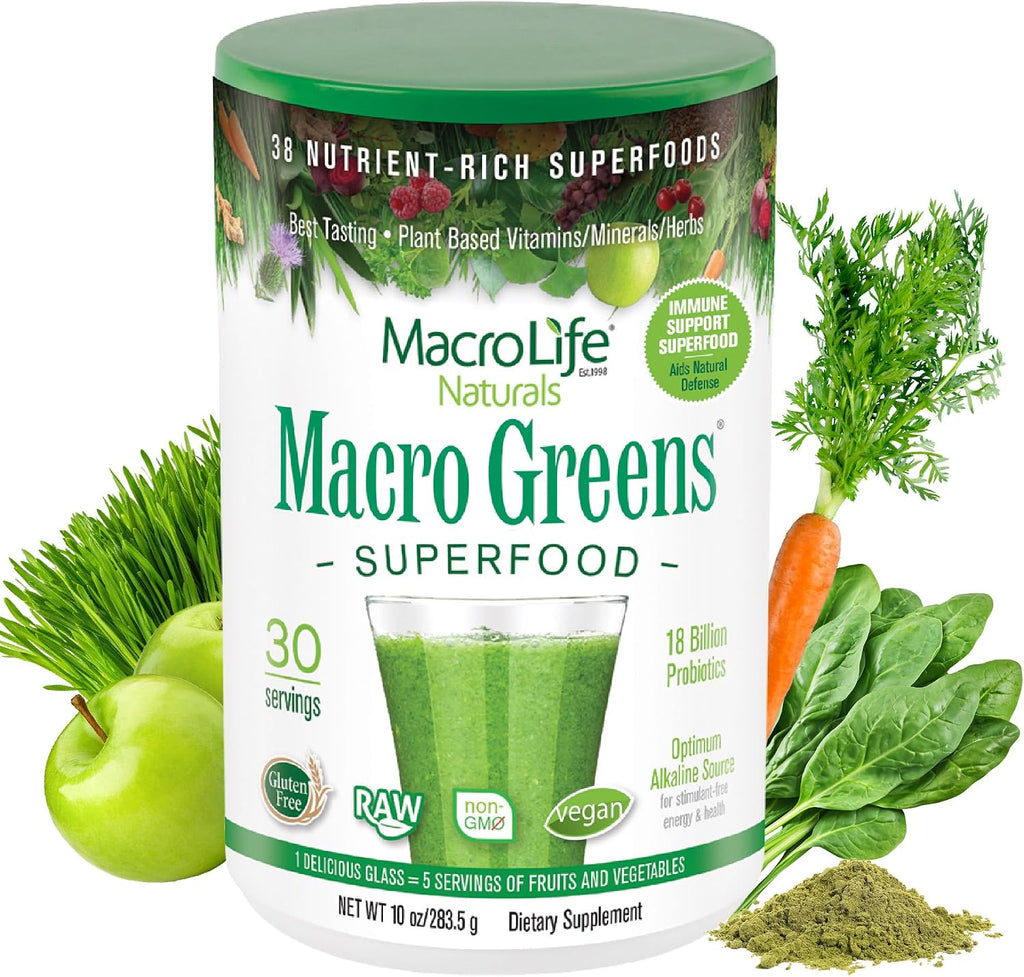 Macro Greens Superfood Powder – 38 Superalimentos con Probióticos, Enzimas y Adaptógenos | 18B UFC | 283 g (30 dosis)